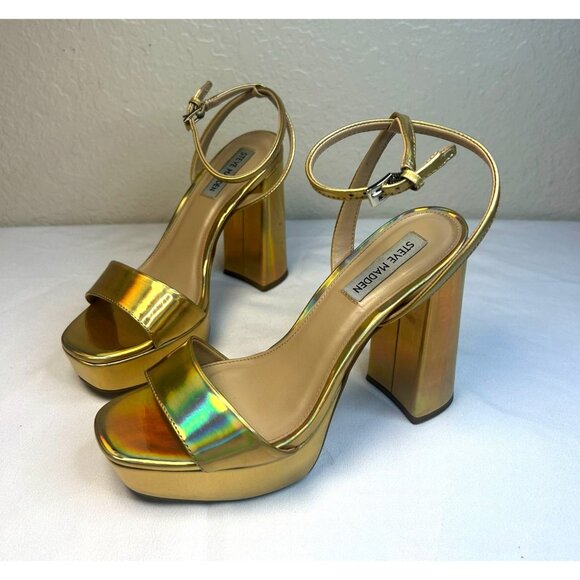 STEVE MADDEN Gold Lessa Platform Block Heeled Sandal Women Size 7 - Picture 1 of 9